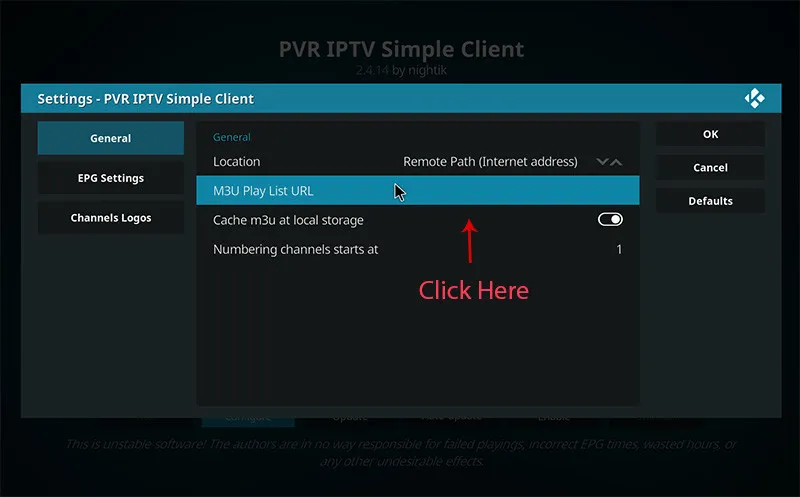 Definições do PVR IPTV Simple Client do Kodi a selecionar M3U Playlist URL