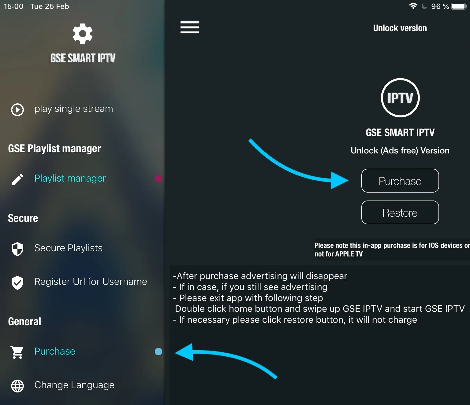 Ecrã Unlock version do GSE Smart IPTV com o botão Purchase