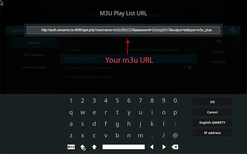 Teclado no ecrã do Kodi para introduzir o URL da playlist M3U