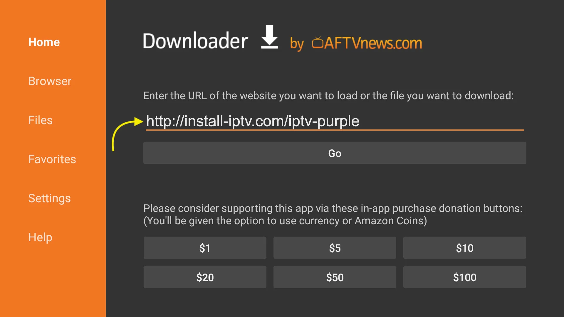 App Downloader com um link de APK de IPTV inserido no campo de URL