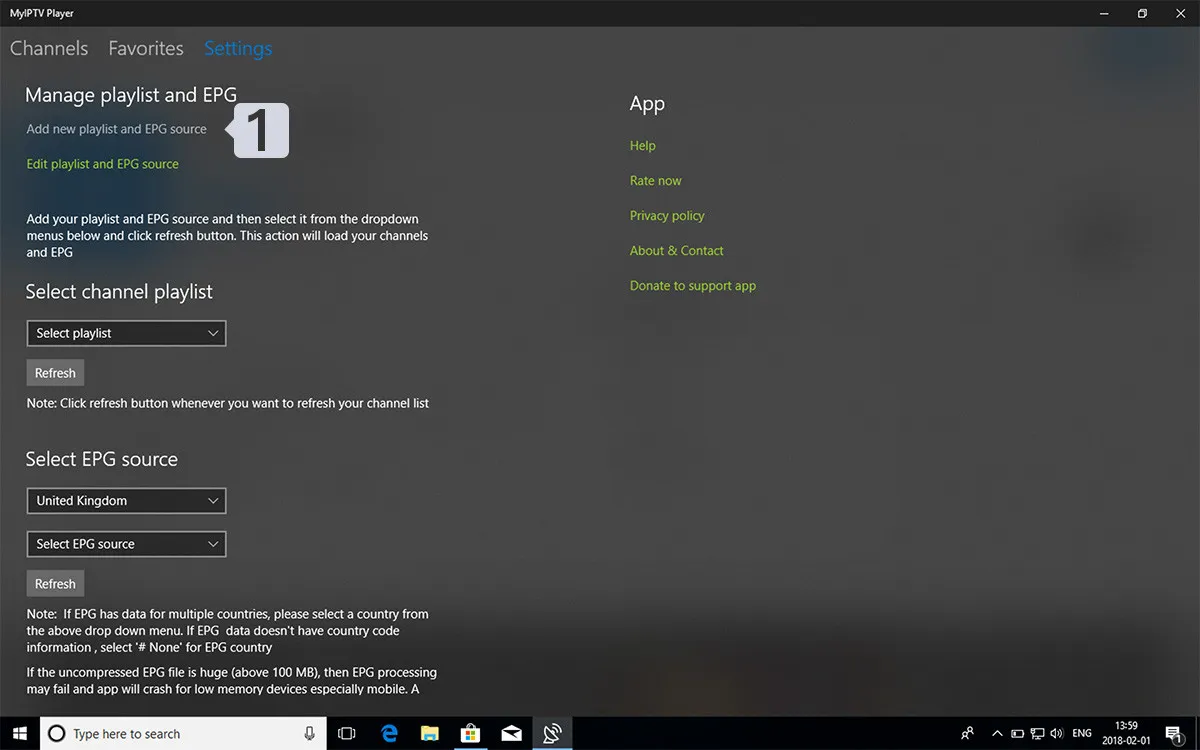 Abrir Settings e selecionar Add new playlist and EPG source no myIPTV Player